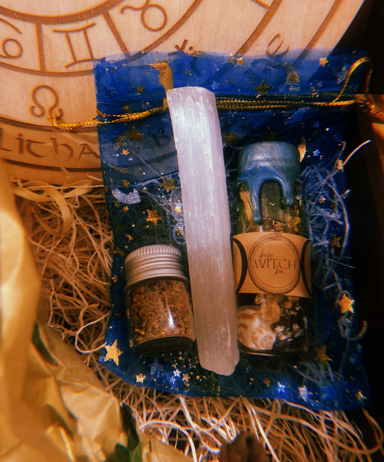 Water Elemental Invocation Bundle to amplify your intention , includes Anointing Oil, Candle Dressing, Incense Blend, Selenite Stick+