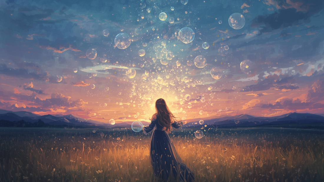 a beautiful landscape with perception bubbles floating around the witch who is aligned with her surroundings