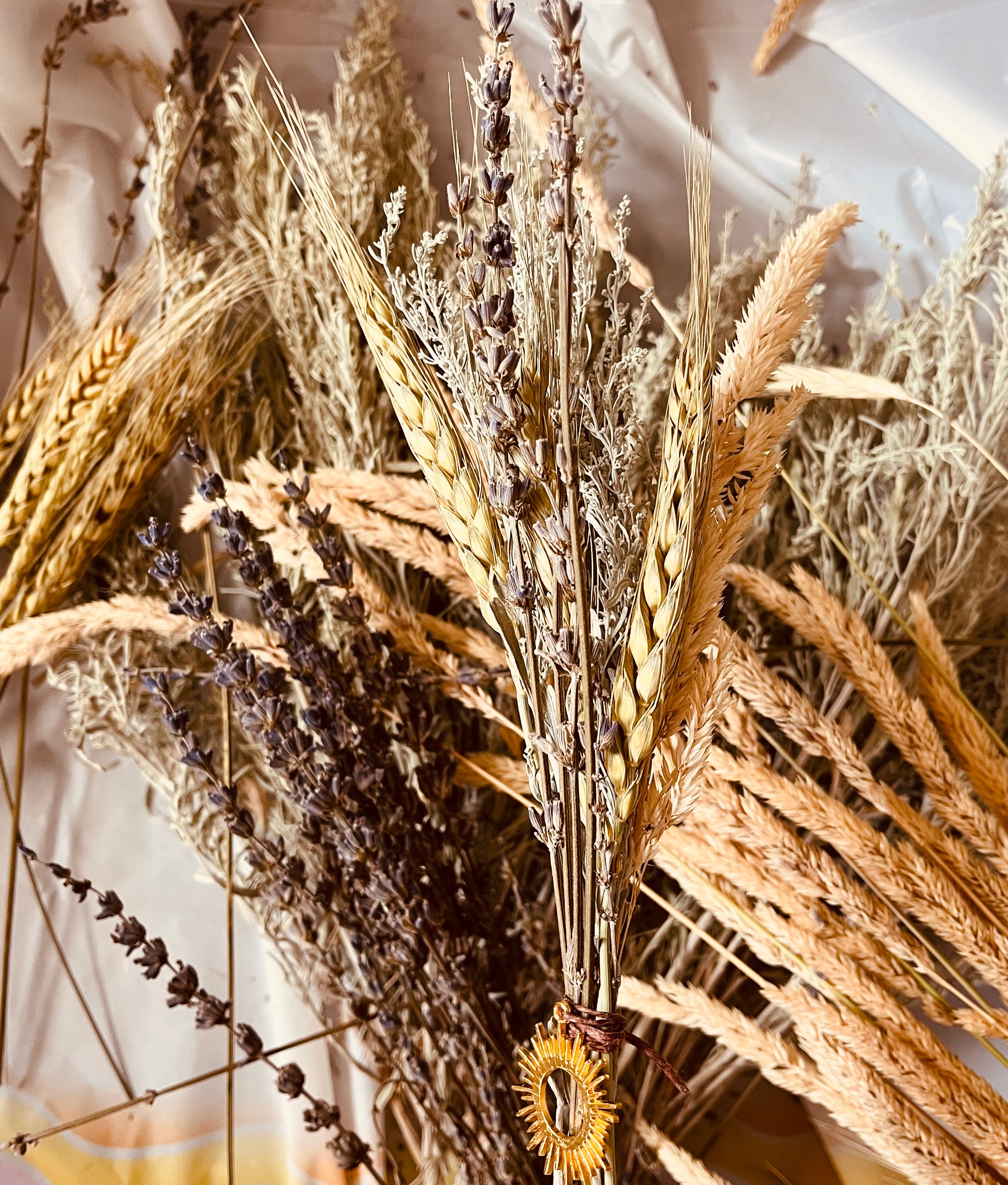 Harvest Offering Bundle- Wild Foraged Sagebrush, Lavender, Wild Pampas. Wheat Sheaves & Sun Charm added for a Magickally Woven Herb Bundle!