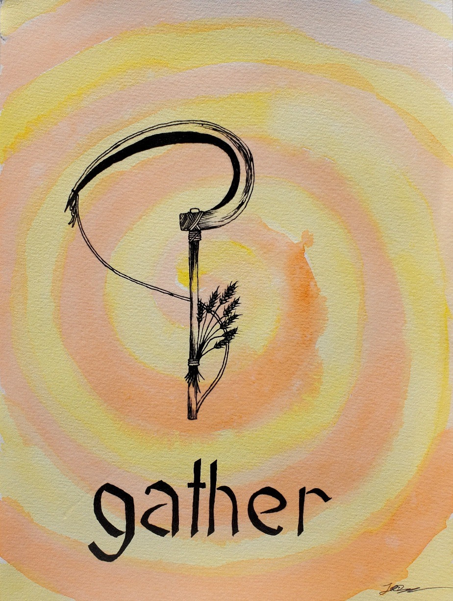 Original,Signed Watercolor & Ink Artwork of Spiral with Sickle, Thread of Life Weaving Your Path.Harvest Season, Pagan,Witch,Druid Gift Idea