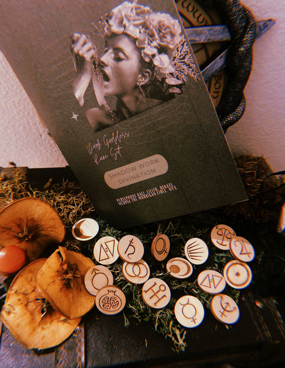 Dark Goddess Rune Set Divination Runes + Guide for Shadow Work with Altar Cloth, Anointing Oil and Crystal. Great Witchy Gift!