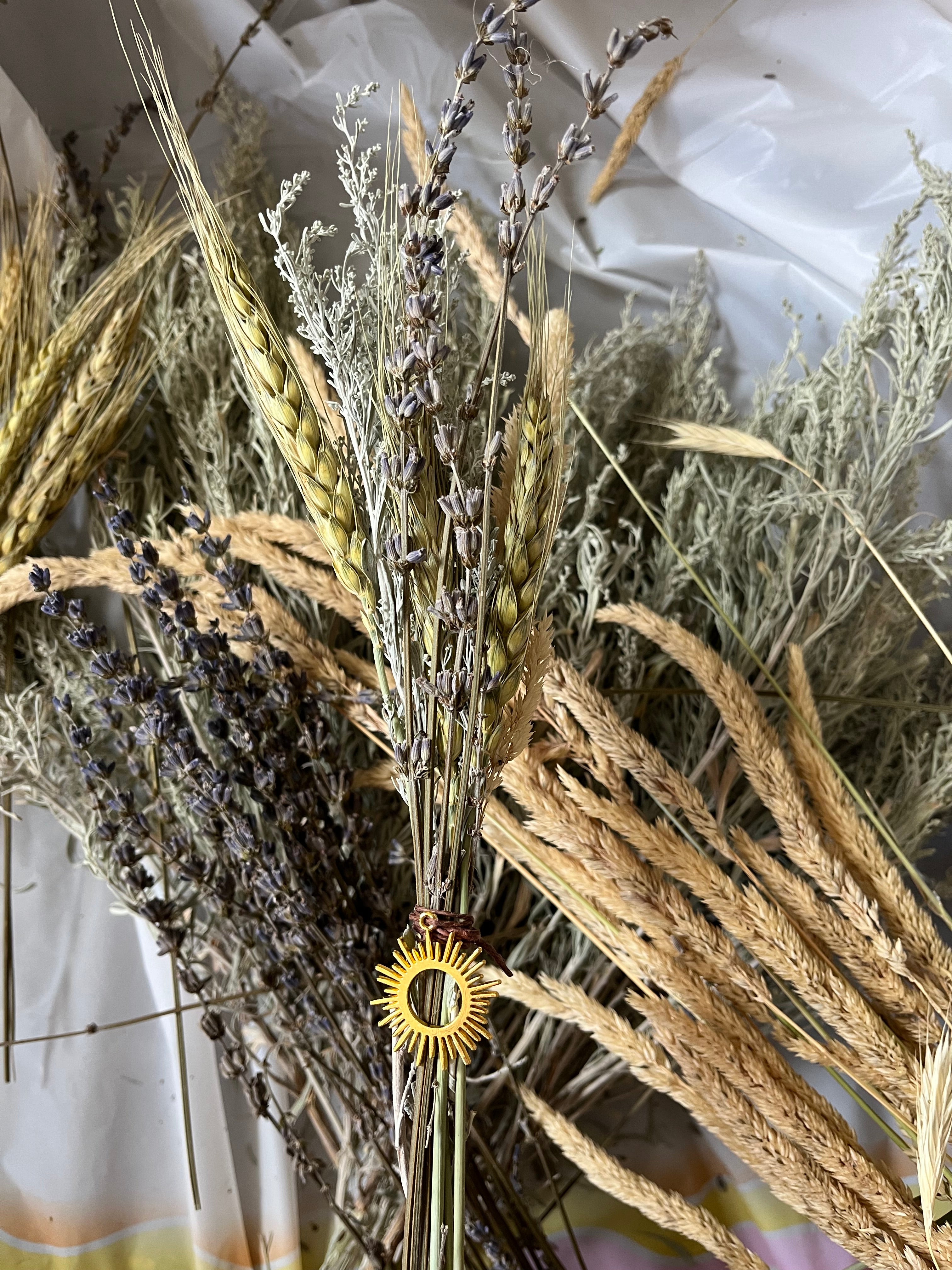 Harvest Offering Bundle- Wild Foraged Sagebrush, Lavender, Wild Pampas. Wheat Sheaves & Sun Charm added for a Magickally Woven Herb Bundle!