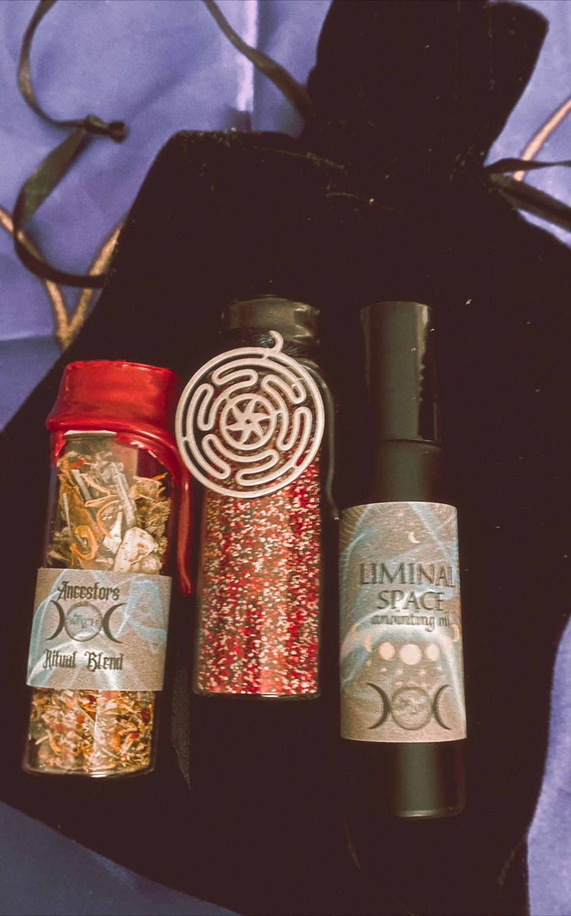 Ancestors Witchcraft Collection. Includes Communing Anointing Oil and Loose Incense + Hekate Triformis Sand Divination Gift Set.