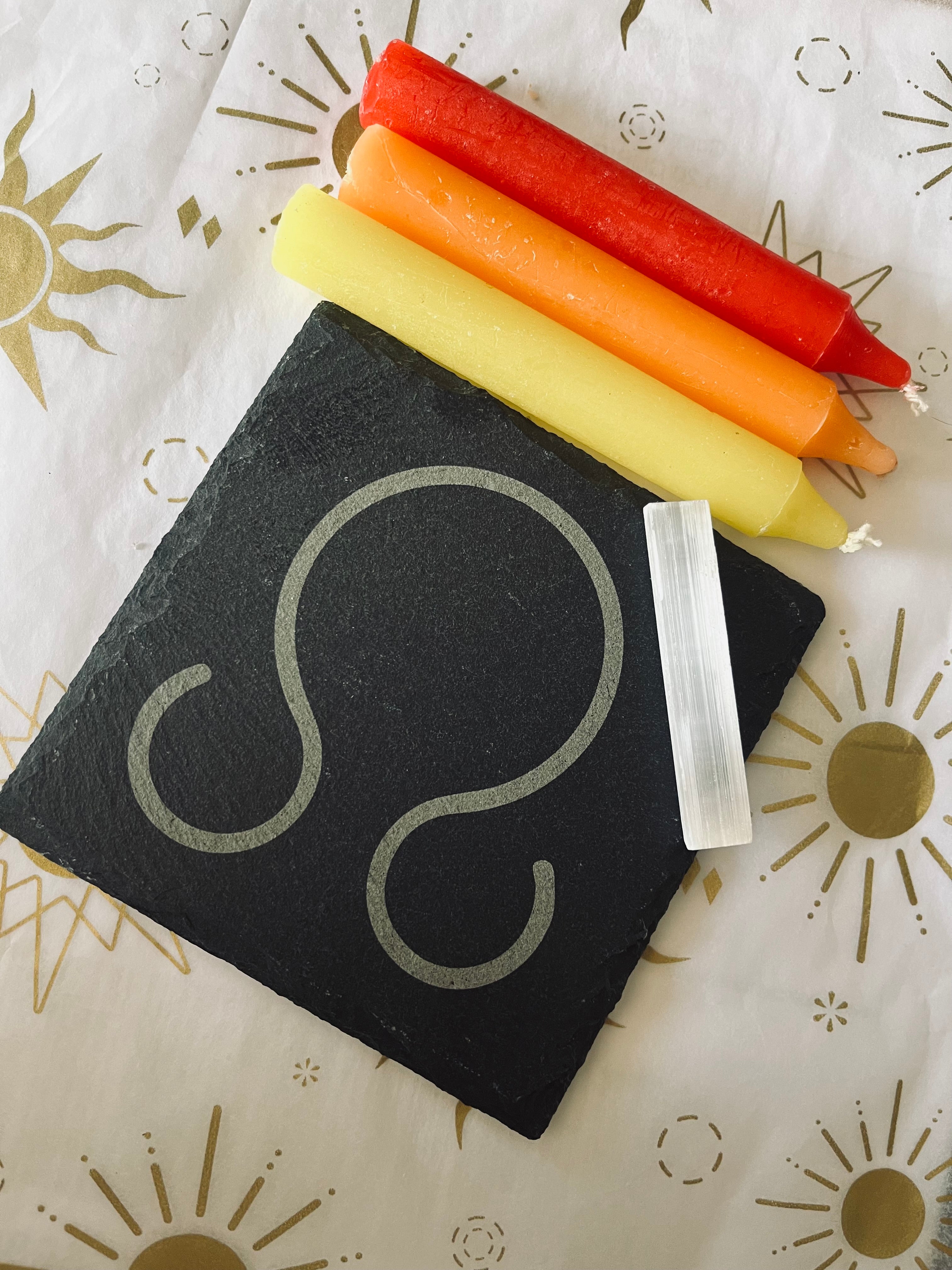 Litha Symbol Slate Altar Tile Set - Includes Selenite Stick and 3 Ritual Candles (Red, Yellow, Orange)