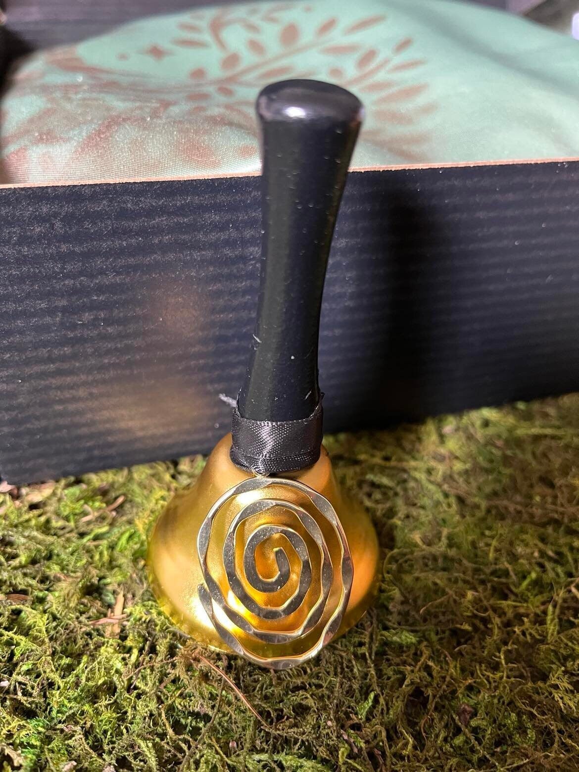 Enchanting Gold Altar Bell w/Spiral of Life Charm! Elemental Magick & Altar Tool. Includes a Lavender Wrapped Selenite Stick 4 amplification
