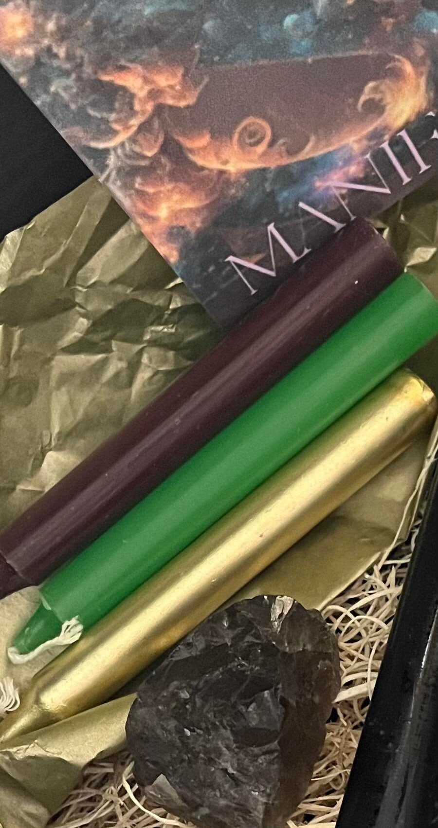 Manifestation Deck of 13 Cards. With Green, Gold Candles, Incantation, and Instructional Guide to Create Your Own Intentions Deck.