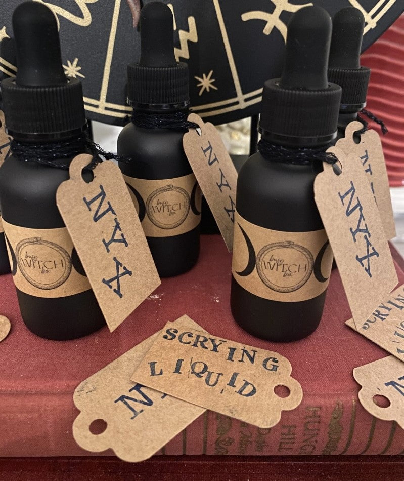 SCRYING LIQUID for your divination Practice, rituals and Casting. Nyx Scrying Liquid includes Incantation and 3 Quartz Crystals.