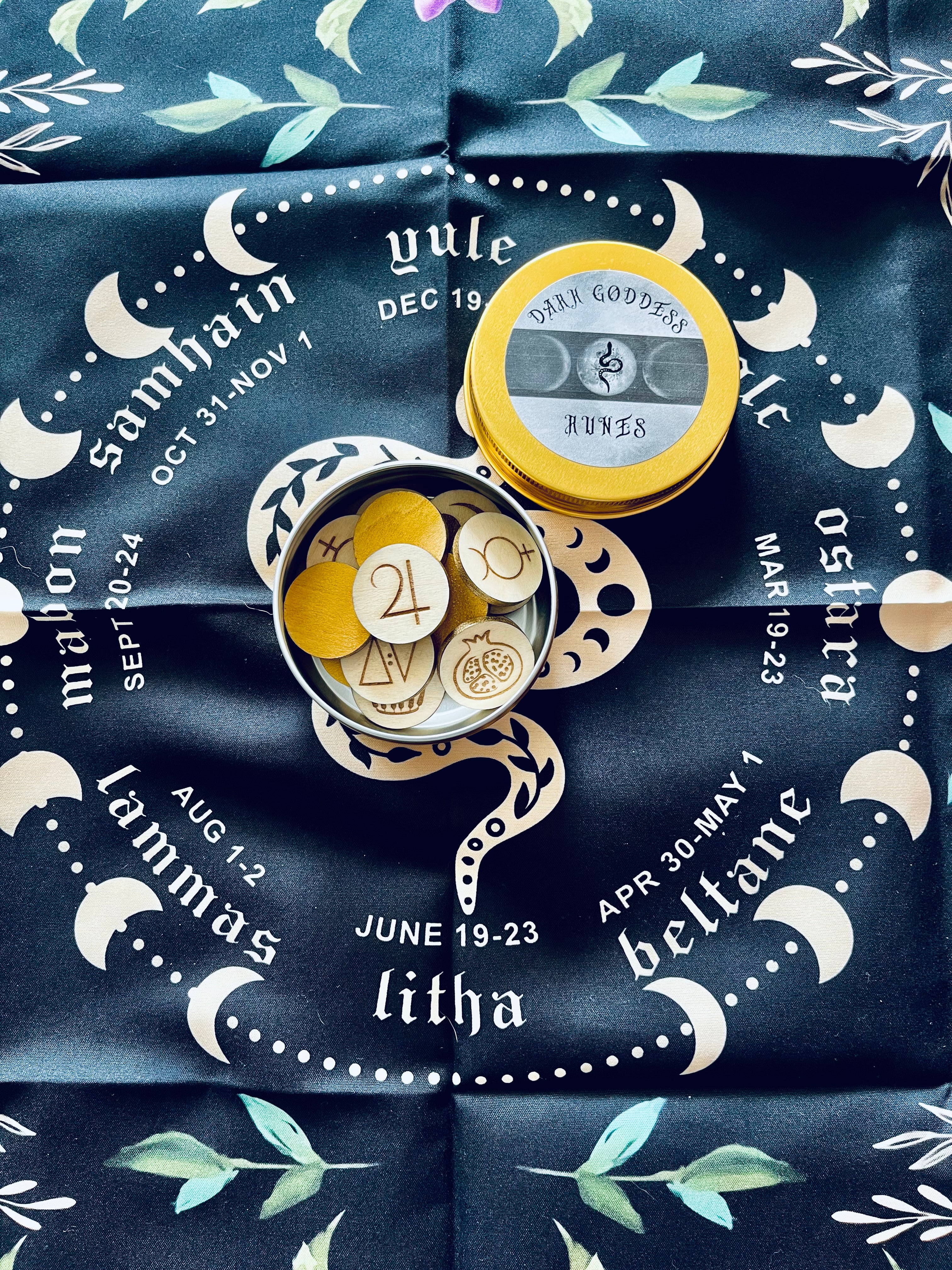 Dark Goddess Rune Set Divination Runes + Guide for Shadow Work with Altar Cloth, Anointing Oil and Crystal. Great Witchy Gift!