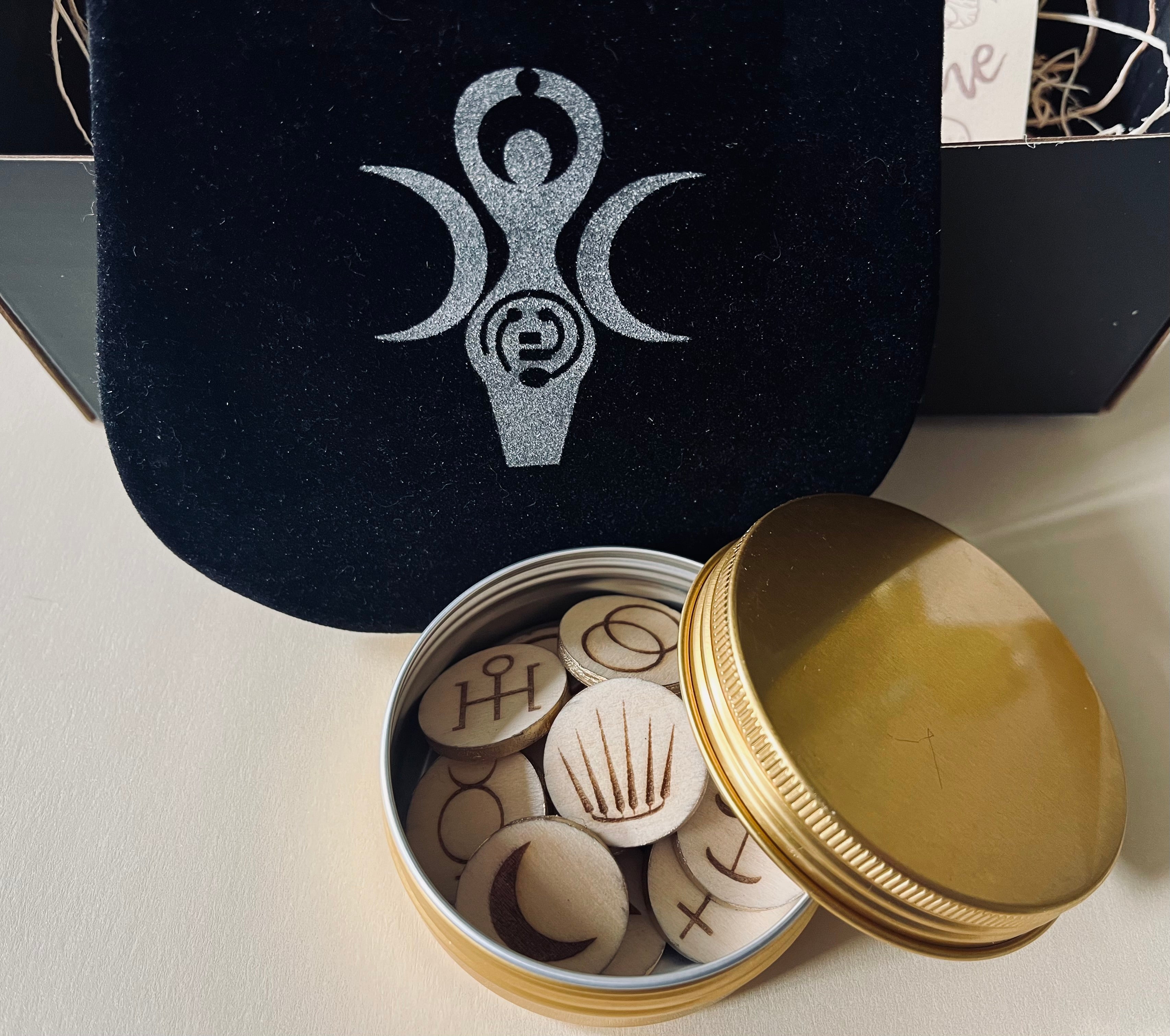 Dark Goddess Rune Set Divination Runes + Guide for Shadow Work with Altar Cloth, Anointing Oil and Crystal. Great Witchy Gift!