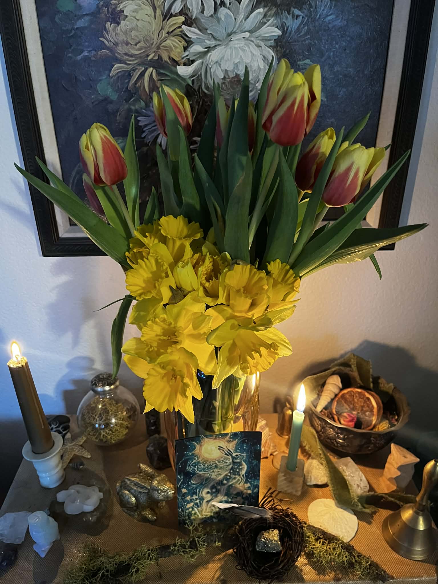 Ostara Altar with daffodils, tulips, green candle, gold candle, nest, selenite snake,hare,altar card,bell moss, dried orange slice/sun