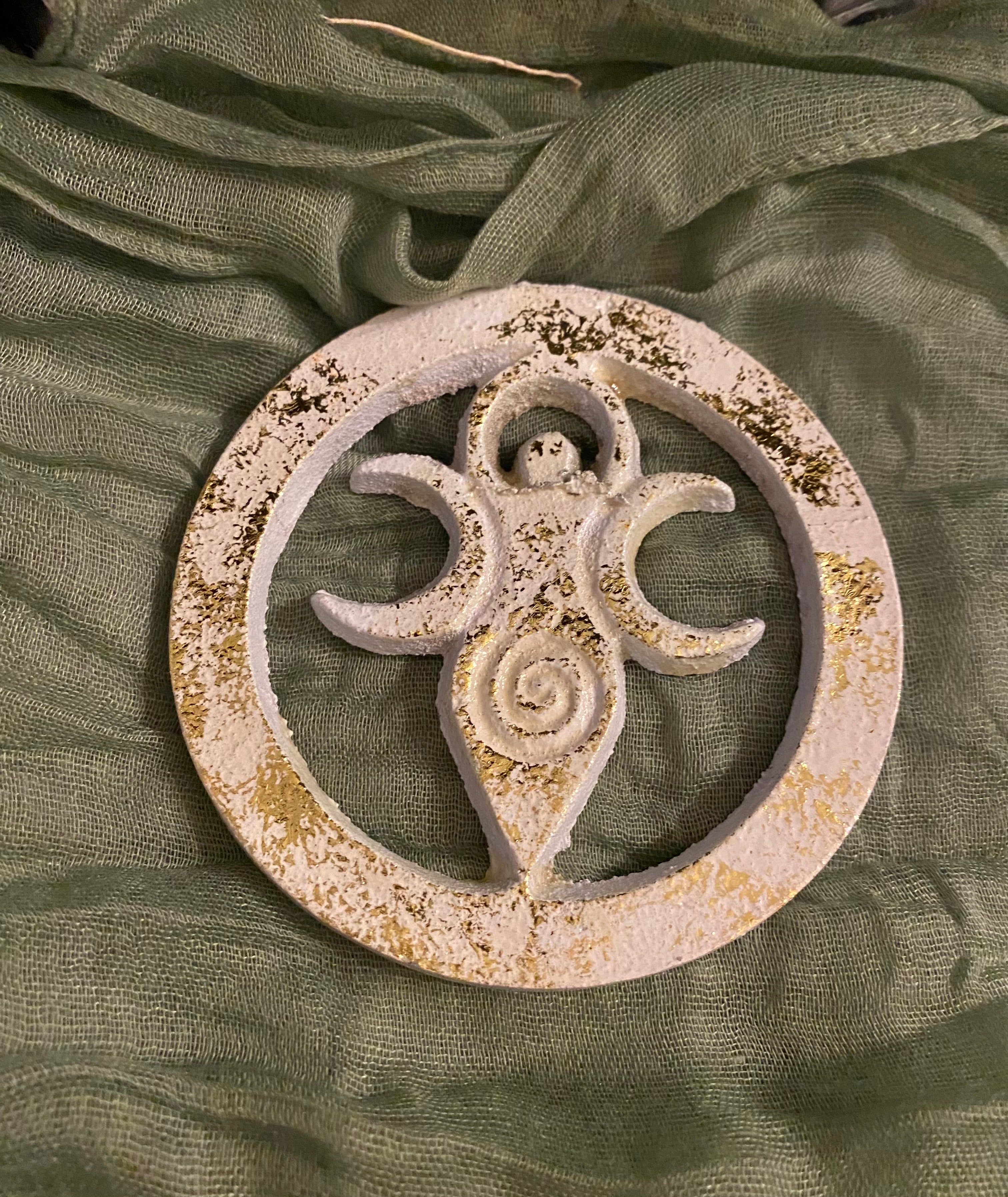 Triple Moon Goddess Altar Tile or Wall Hanging. Gold and White  Metal. 4 Inches in Diameter. Magickal Addition to Your Altar!